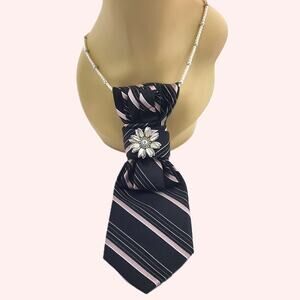 Artisan Italian Silk Tie Necklace Black Pink Stripe Vintage Pearls Flower Center